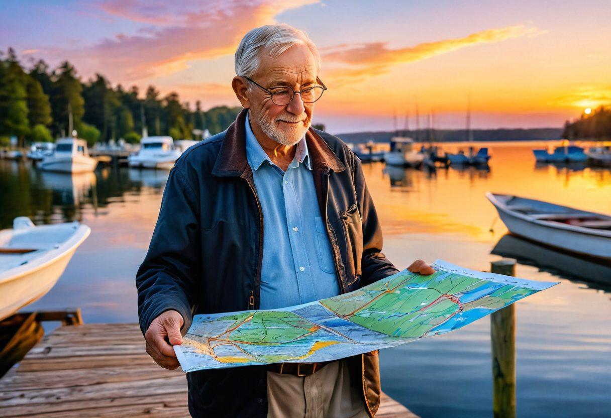An elderly man with a wise expression, standing by a serene lakeside, holding a detailed map of boat insurance options in one hand while guiding a small child with the other hand. The background features a tranquil boat dock with various boats and a gentle sunset casting a warm glow. The scene represents mentorship, safety, and tranquility on the water. vibrant colors. realistic painting.