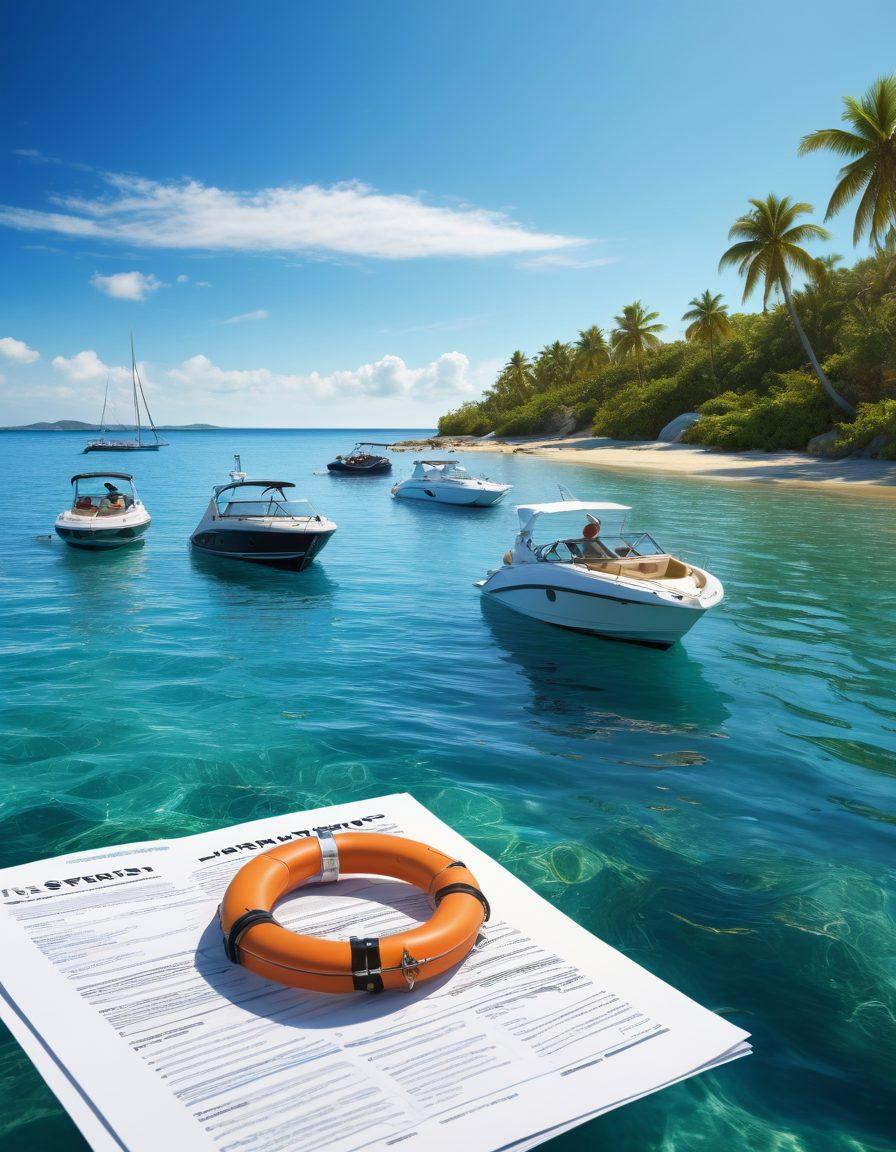 A serene coastal scene featuring various watercrafts such as sailboats, yachts, and jet skis docked by the shore. In the foreground, a diverse group of boat owners is gathered, discussing marine insurance options with a friendly insurance agent. Include a backdrop of a bright blue sky and gentle waves, symbolizing safety and adventure on the water. Emphasize the theme of protection and security with subtle visuals of life rings and insurance documents. super-realistic. vibrant colors. 3D.