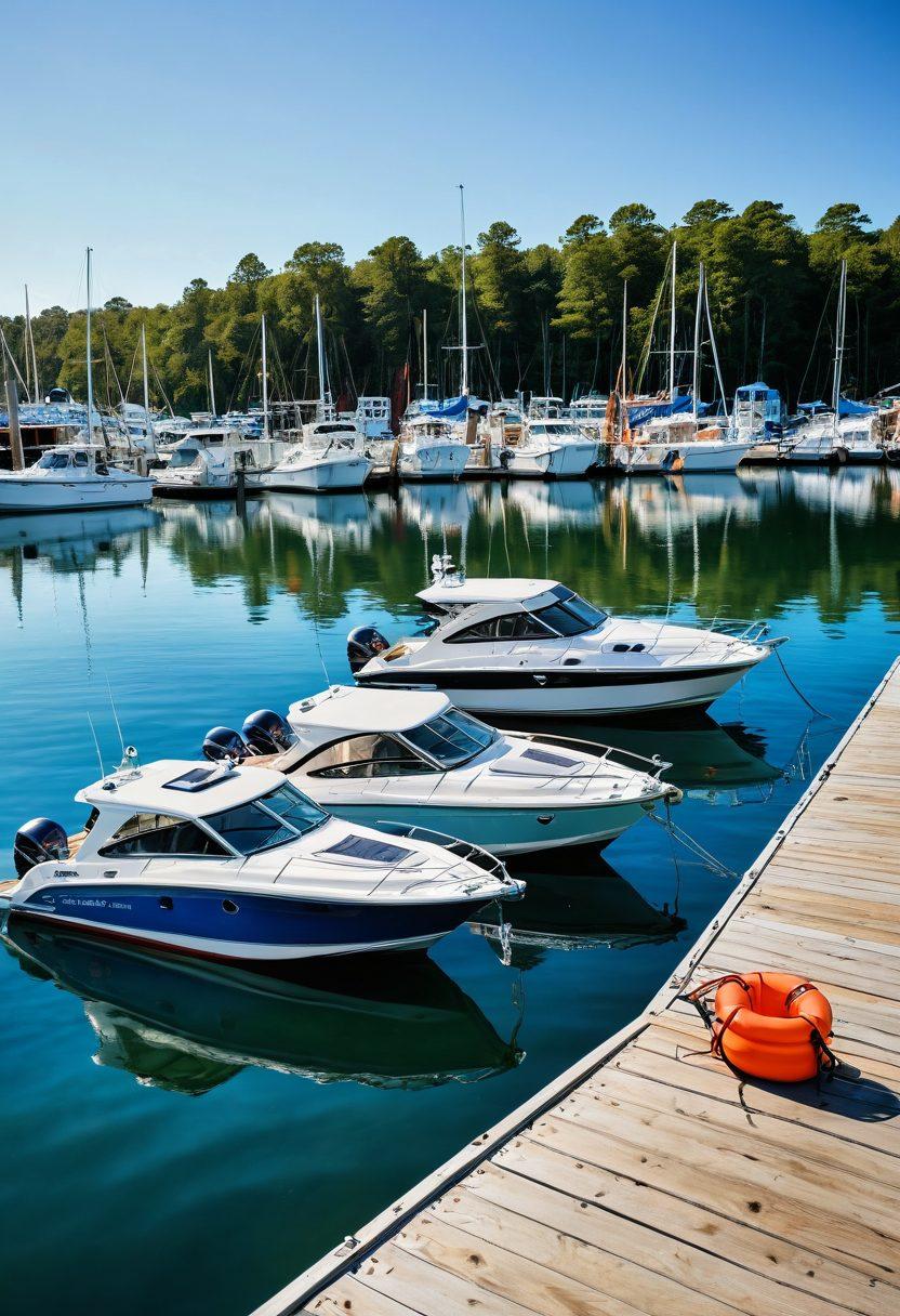 A serene marina scene showcasing a diverse group of boats securely anchored, with vibrant blue waters and clear skies. Display safety gear like life jackets and marine flares on the deck, while a friendly family enjoys their nautical adventure in the background. Include a checklist for safety tips subtly integrated into the image. nautical theme. super-realistic. vibrant colors.